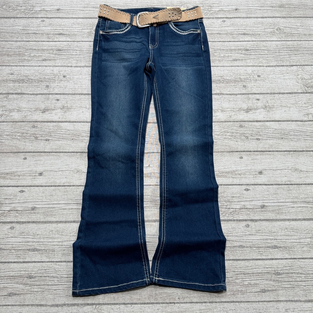 NEW Faded Glory Jeans Girl's 12 Blue Dark Wash Denim Embellished Belted Stretch